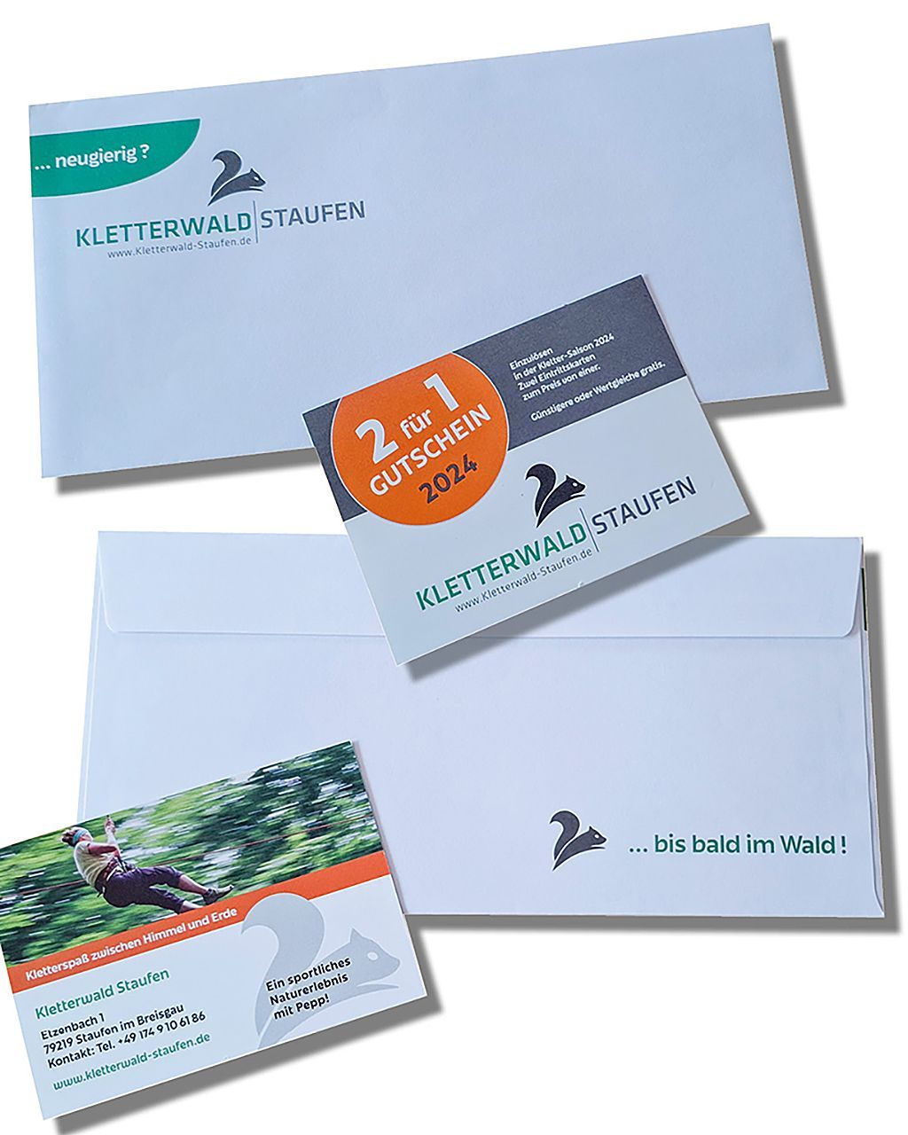 Briefumschläge, Flyer und Coupons für den Kletterwald in Staufen erstellt