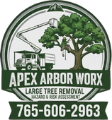 Logo for Apex Arbor Worx tree removal services, featuring a truck, an arborist in a tree, and the phone number 765-606-2963.