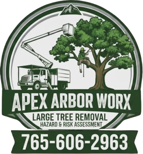 Logo for Apex Arbor Worx tree removal services, featuring a truck, an arborist in a tree, and the phone number 765-606-2963.
