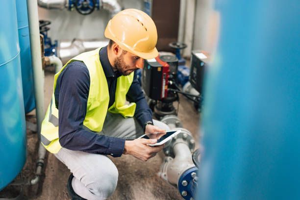 Professional squatting in commercial plumbing site, professional plumbing services, industrial maint