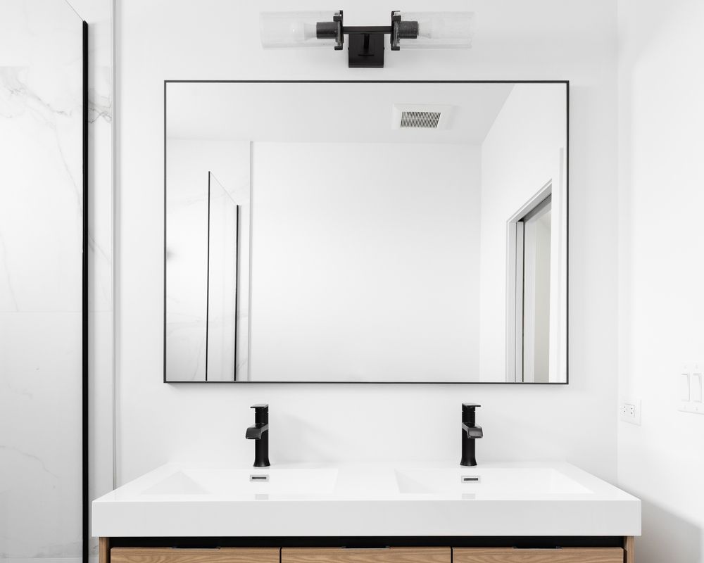A Bathroom with two Sinks and a large mirror — InStyle Shower Screens & Wardrobes in Maitland, NSW