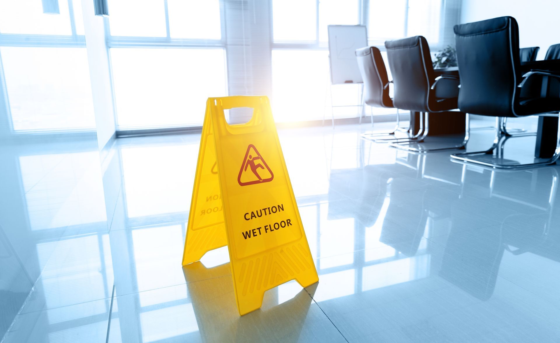 Yellow wet floor caution sign in a bright office lobby near glass walls and chairs