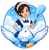 Cartoon housekeeper holding a duster with cleaning supplies and sparkling wings in a blue circle