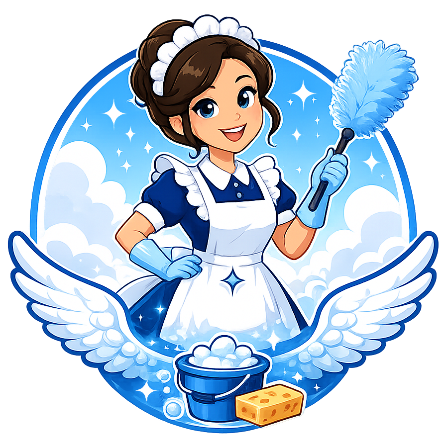 Cartoon housekeeper holding a duster with cleaning supplies and sparkling wings in a blue circle
