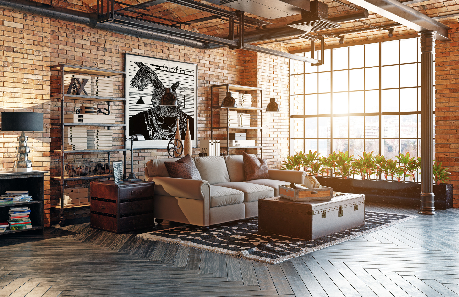 Sunlit loft living room with exposed brick, sofa, armchairs, and large industrial windows