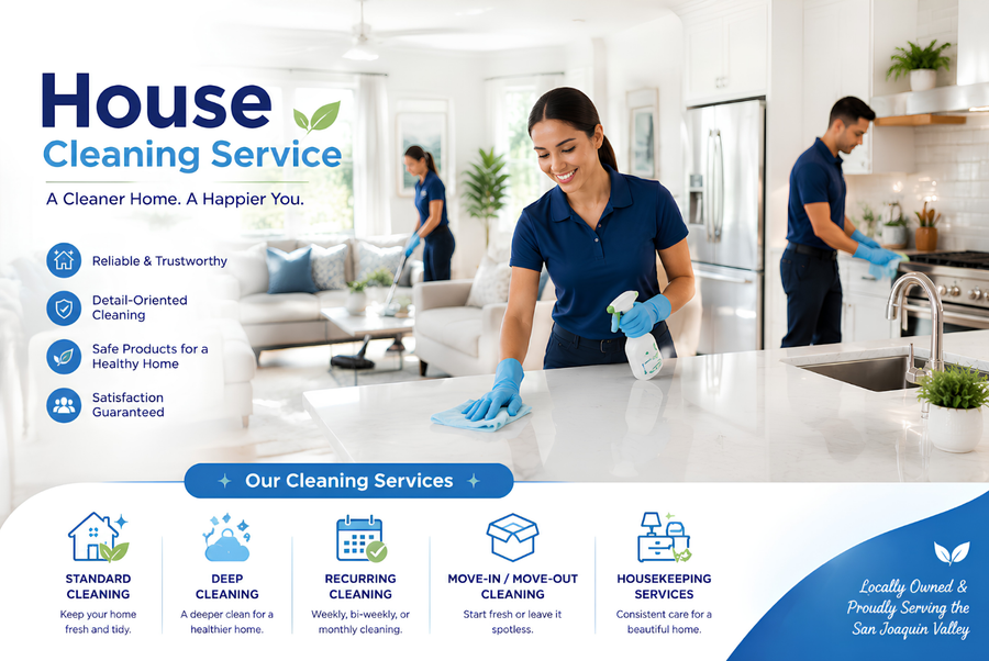 House Cleaning Service ad with cleaners in blue uniforms in a bright home, showing service features and logo