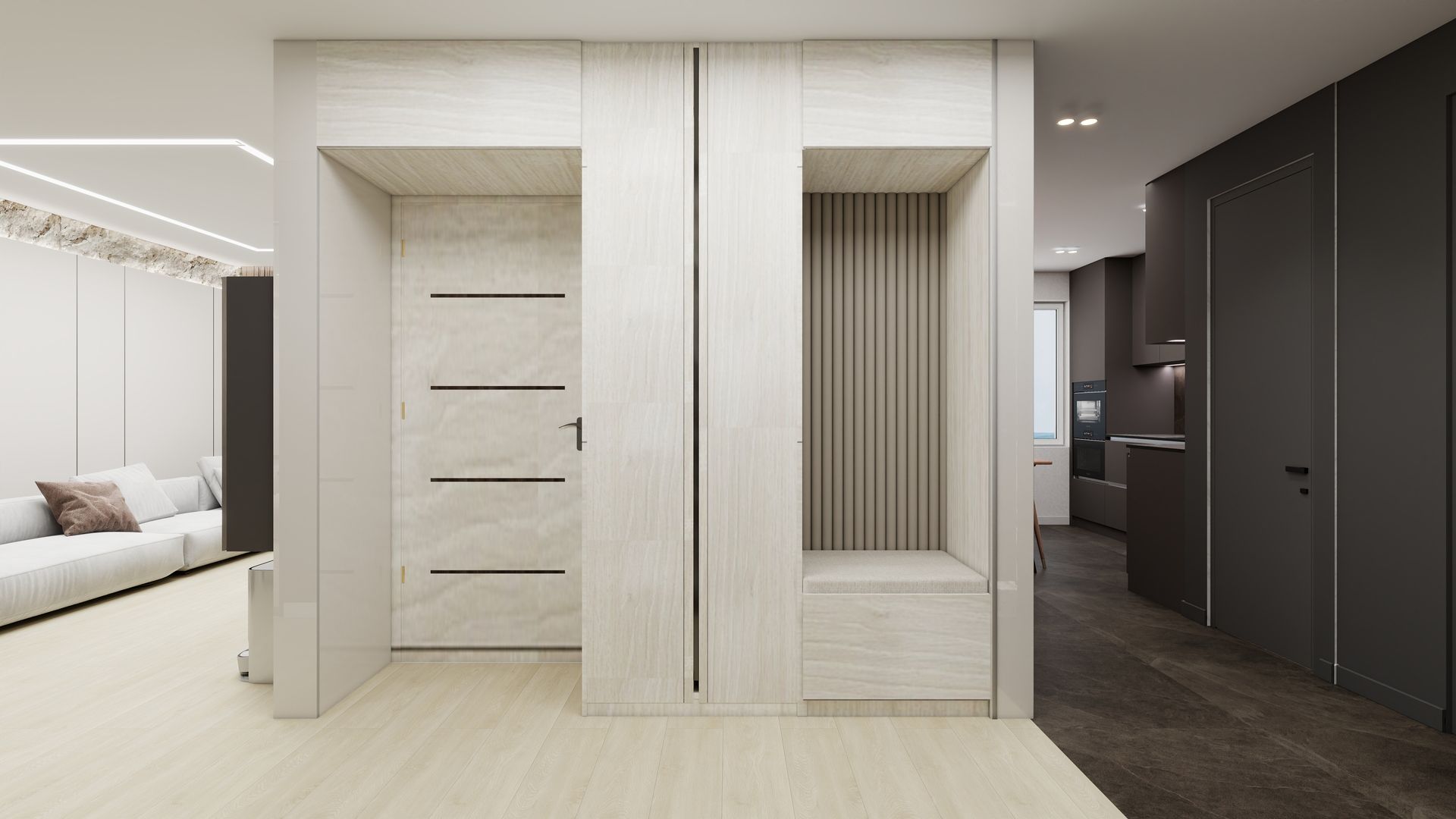 Modern minimalist hallway with built-in closets, light wood flooring, and a glimpse of a bedroom.