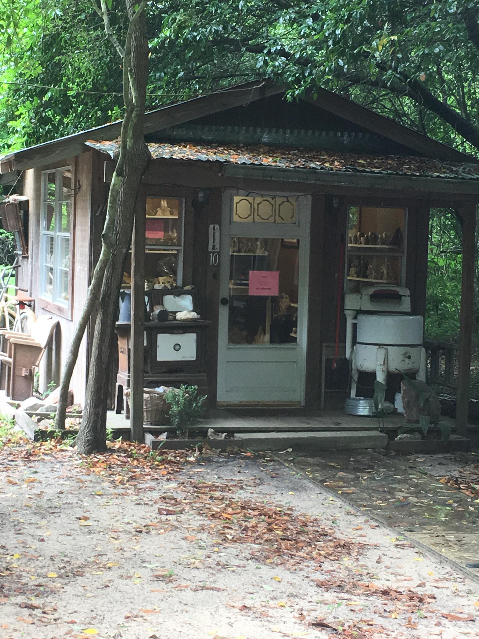 Small rustic cabin in a wooded area, with a front door and windows beneath trees.