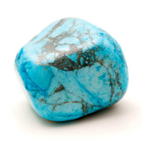 Blue turquoise stone with brown veining, isolated on a white background