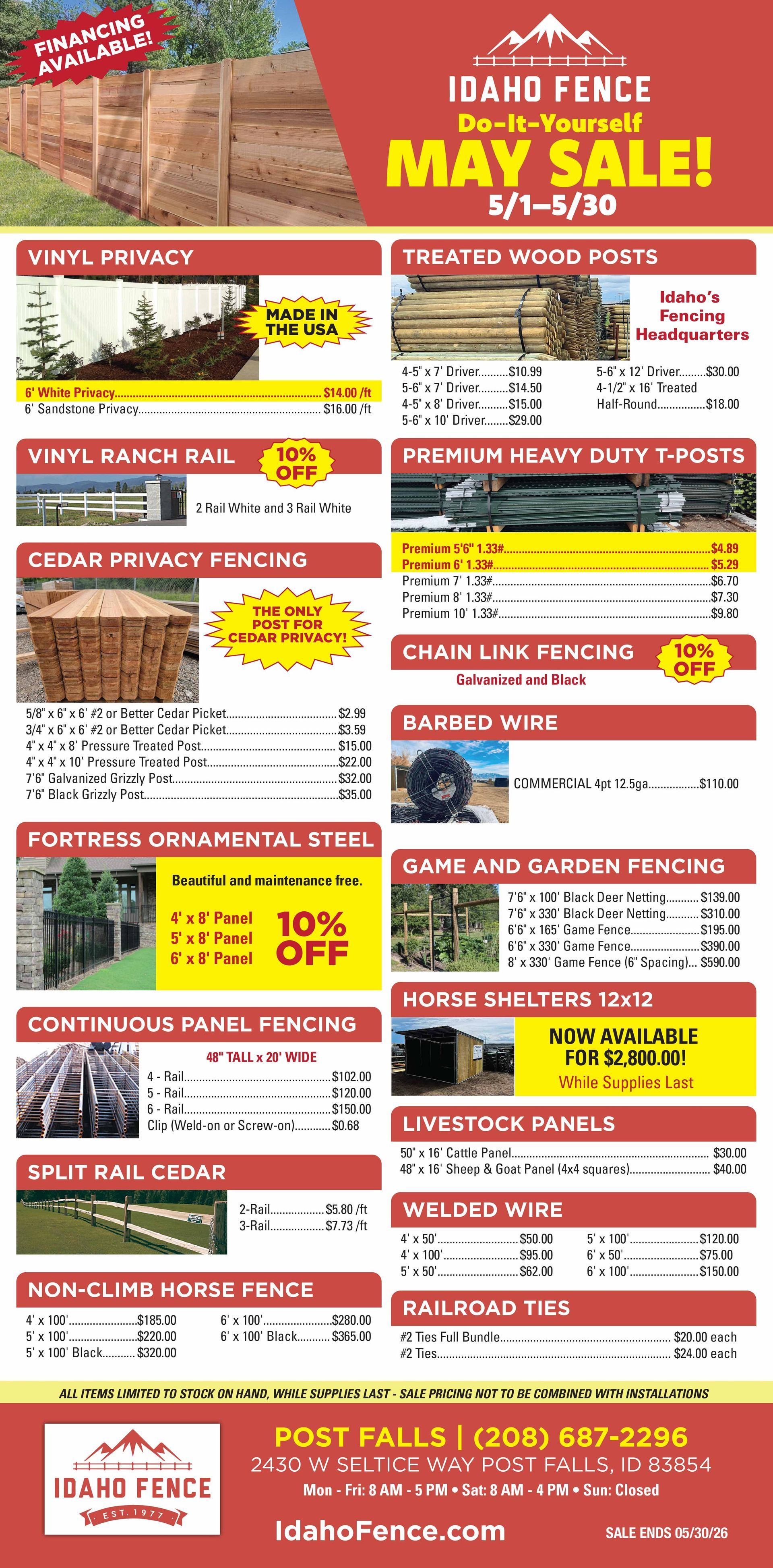 Red and yellow May sale flyer with multiple fence service offers, prices, and contact information.