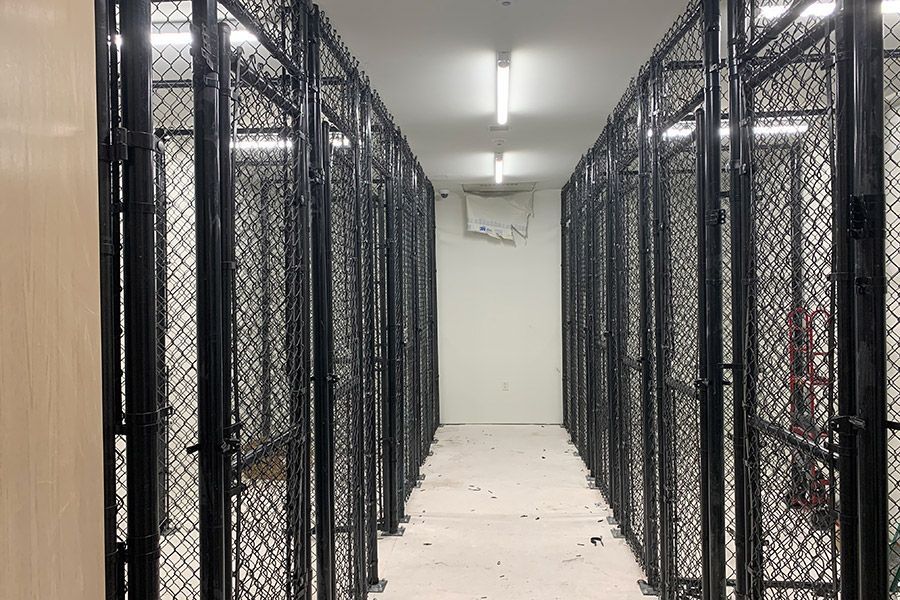 A long hallway filled with rows of chain link fences.