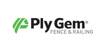 The logo for ply gem fence and railing is on a white background.