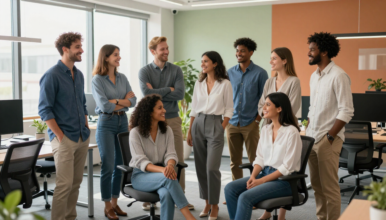 Equipe de funcionários sorridentes em escritório moderno