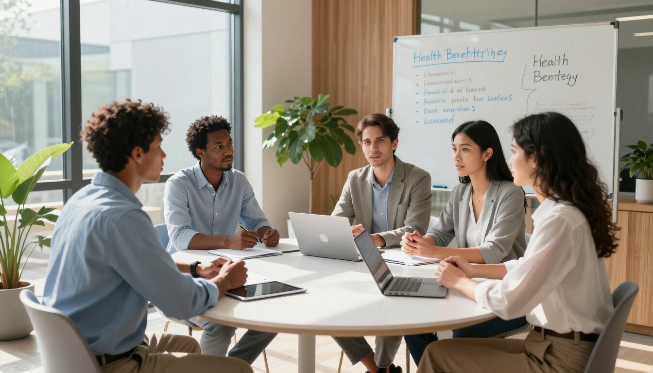 Colaboradores felizes em um ambiente de trabalho moderno representando saúde corporativa.