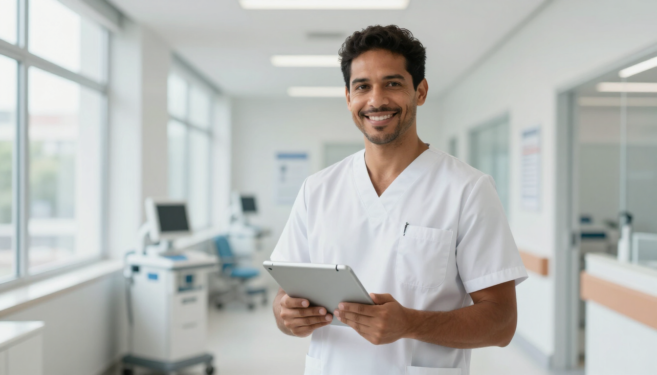 Médico sorrindo em ambiente hospitalar moderno representando o plano SulAmerica Saúde.