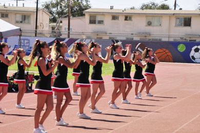 Red, white, and blue pom-poms held high by cheerleaders during a performance.