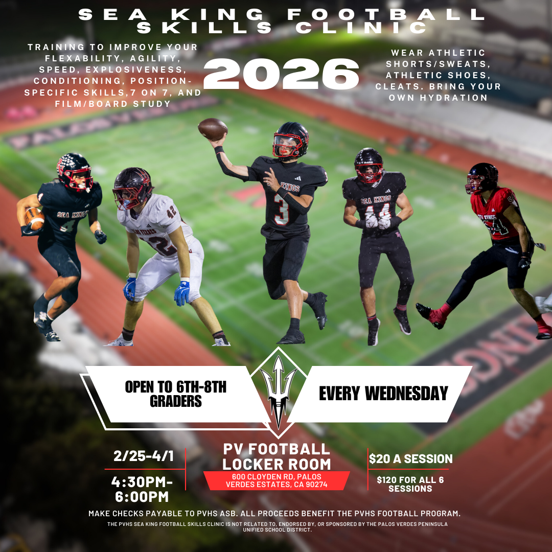 Sea King Football Skills Camp 2026 poster with four football players running on a field