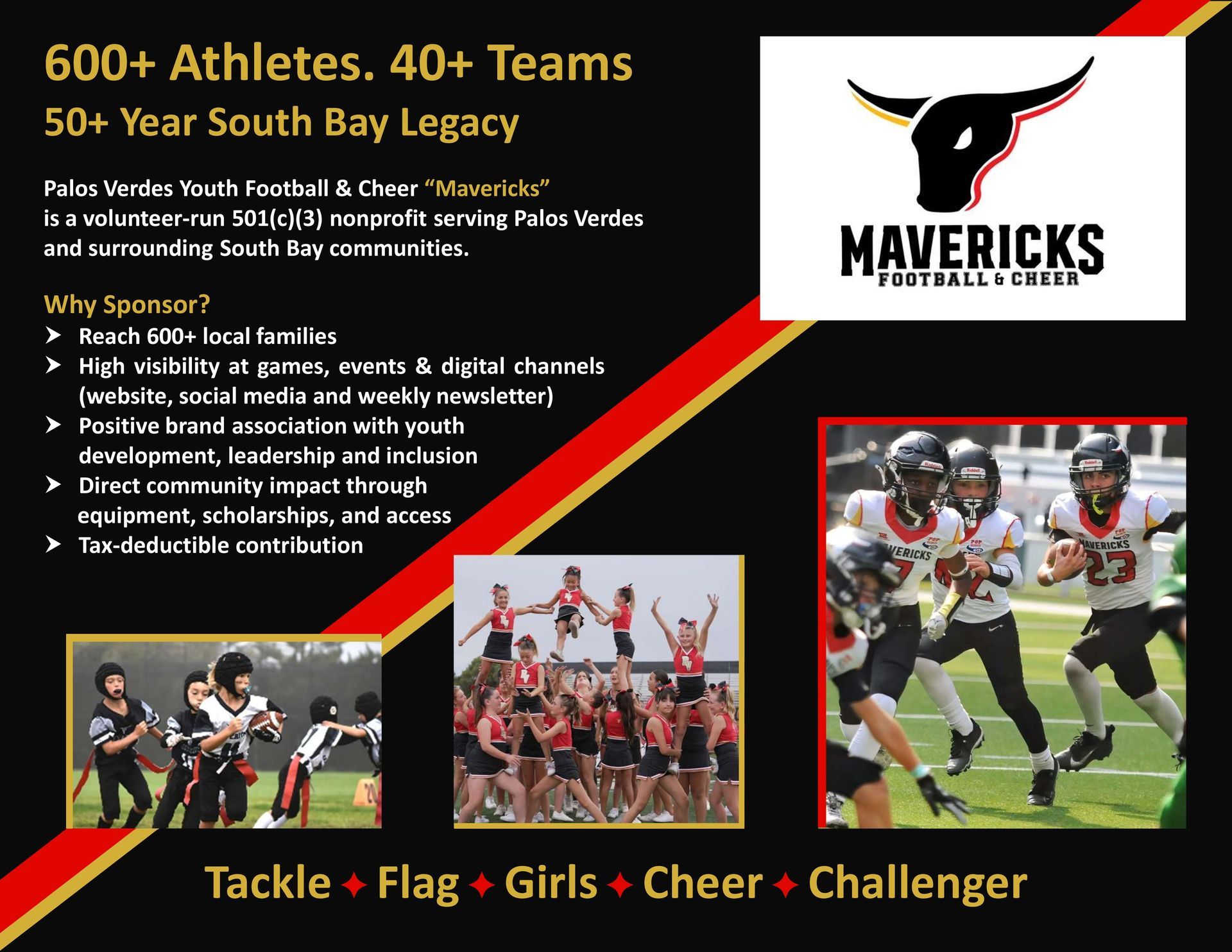 Mavericks football and cheer team Sponsorship flyer with black background, red stripe, logo, and action photos