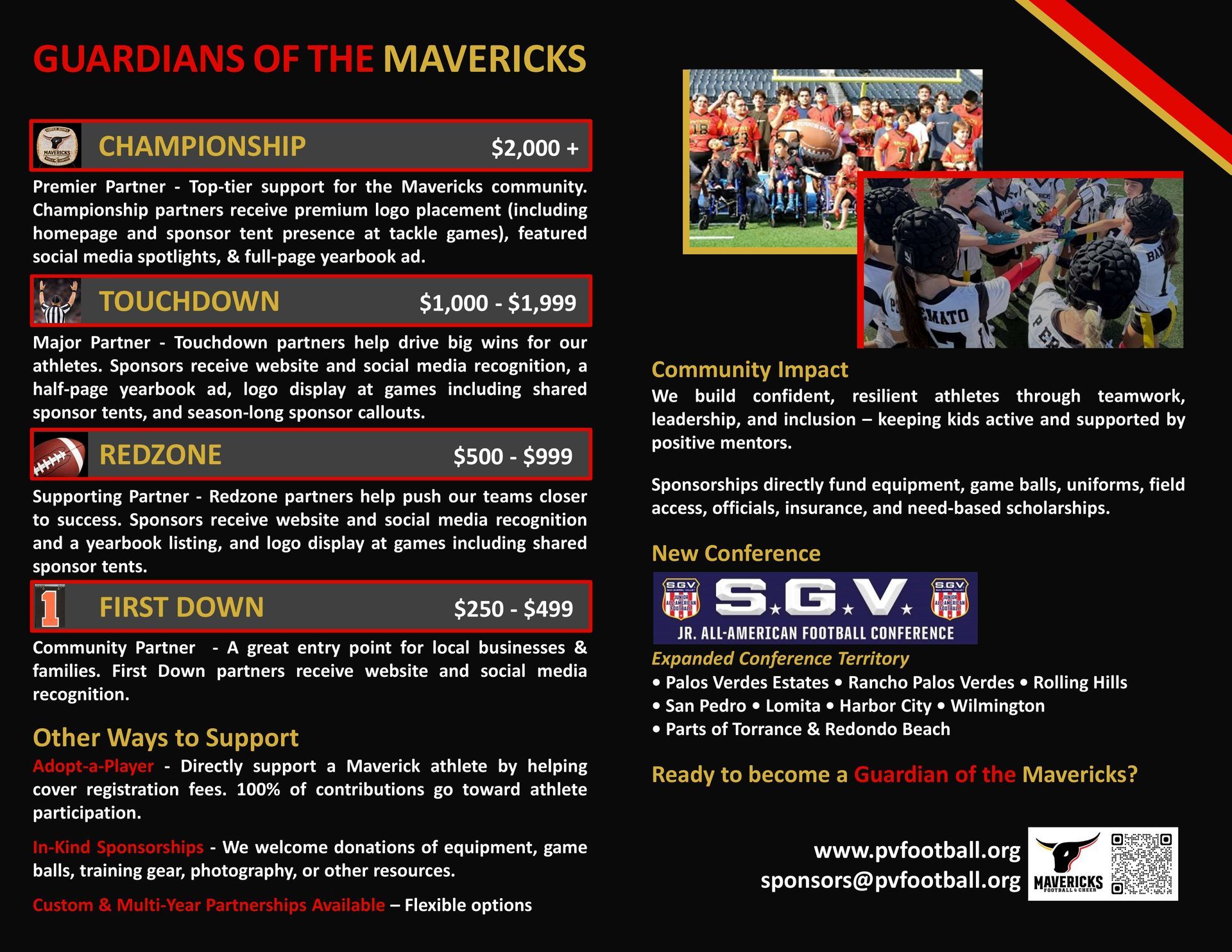 Sponsorship Guardians of the Mavericks flyer with event highlights, team photo, and sponsor logos