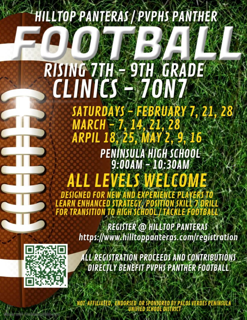 Hilltop Panthers football clinic flyer, brown football background with yellow and white text, QR code, dates listed