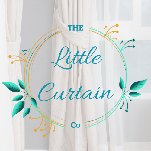 Logo for The Little Curtain Co., white curtains, teal and gold floral wreath.