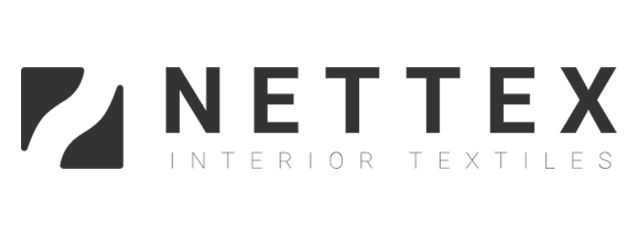 Logo for NETTEX, an interior textiles company. Dark grey square with a curved white line, and company name.