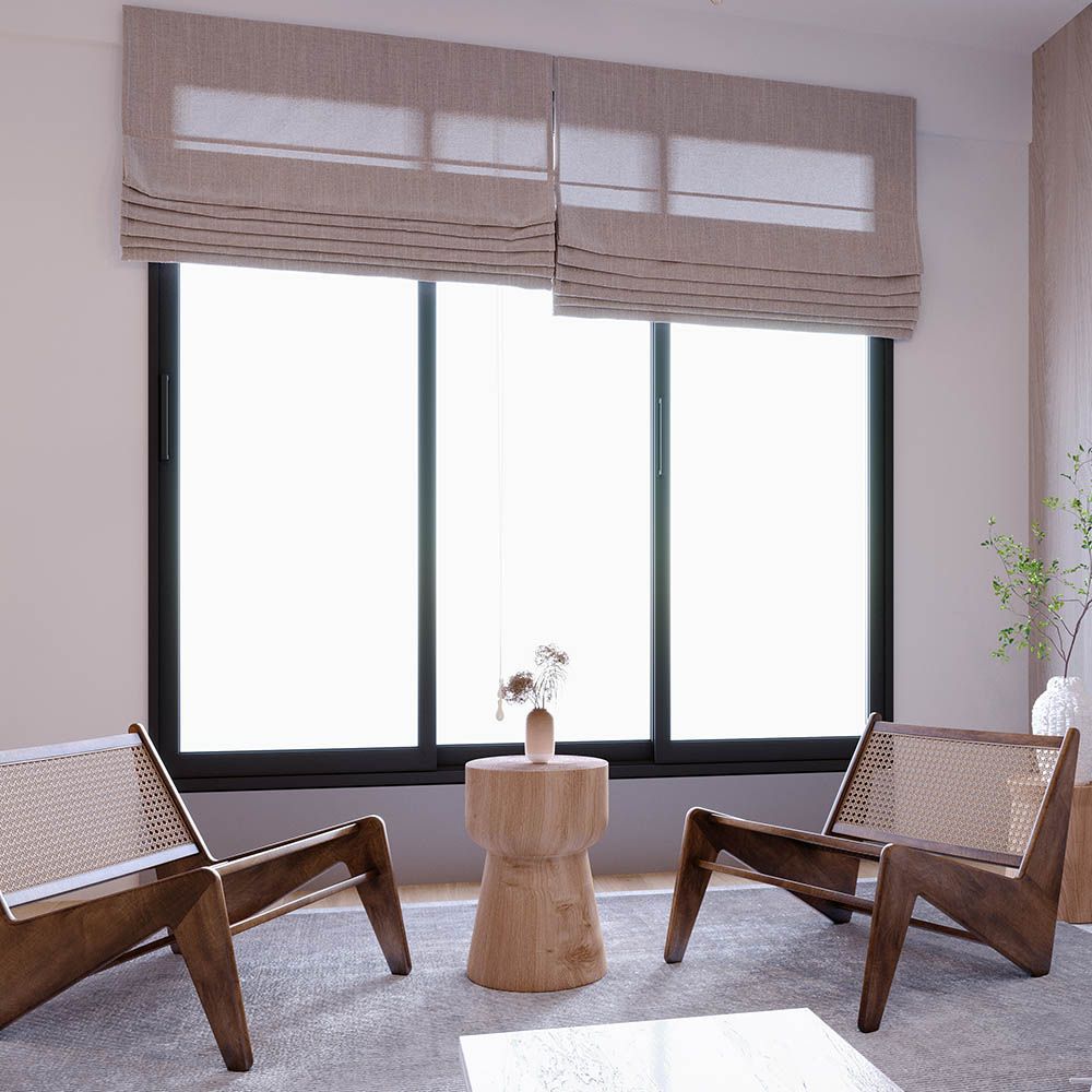 Two wooden chairs face a window with a small table and a vase. Brown window shades.