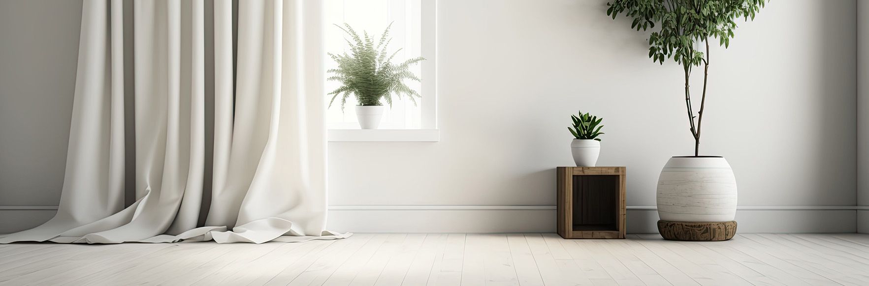 Interior with curtains, a window with a plant, and two potted plants on the floor.