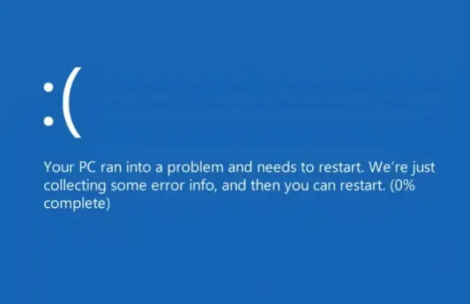 A blue screen with a sad face and the words `` your pc ran into a problem and needs to restart . ''