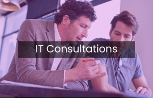Two men are sitting at a table with the words it consultations above them