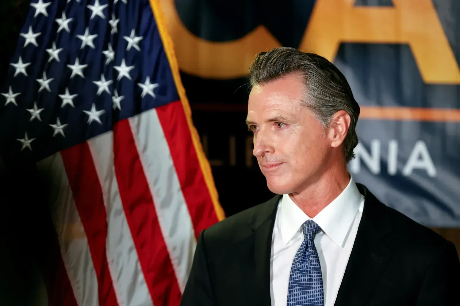 A man in a suit and tie stands in front of an american flag