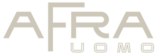 Logo AFRA UOMO con testo beige e grigio su sfondo bianco.