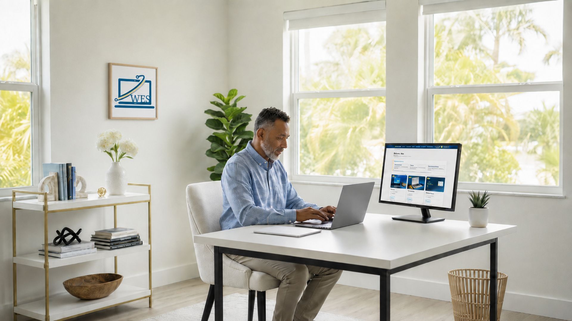 Person working at a desk with a laptop and monitor in a bright home office