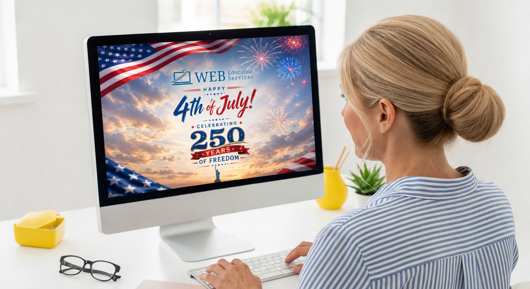 Woman using a desktop computer showing a festive holiday sale ad on the screen