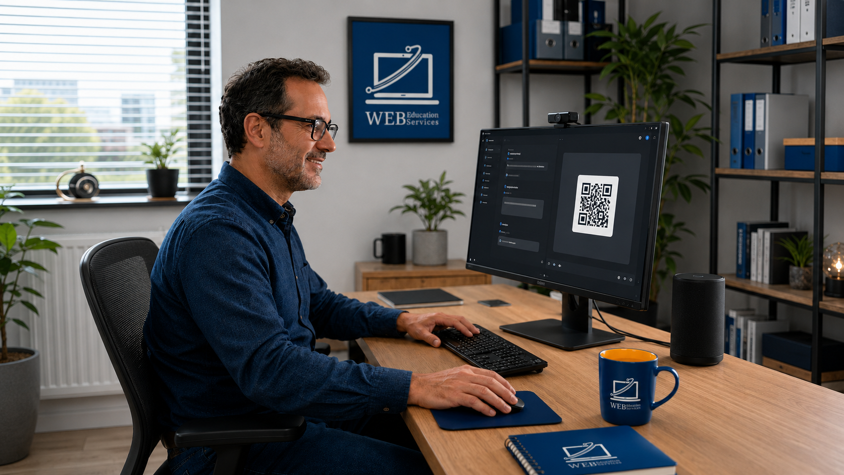 Man working at a desk with a laptop and QR code on monitor in a modern office.
