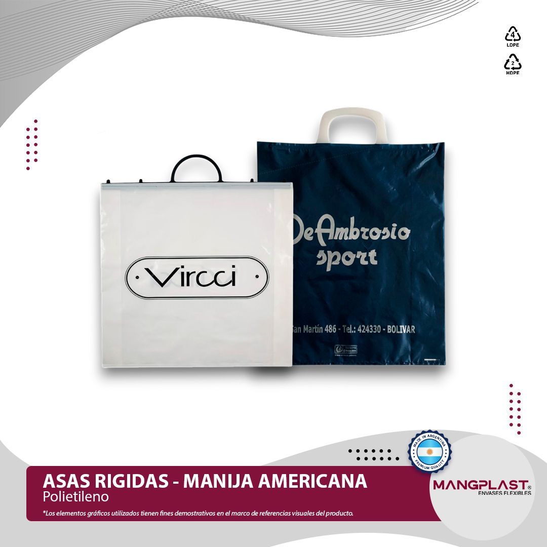 Dos bolsas de compra con asas rígidas; una blanca con el logo
