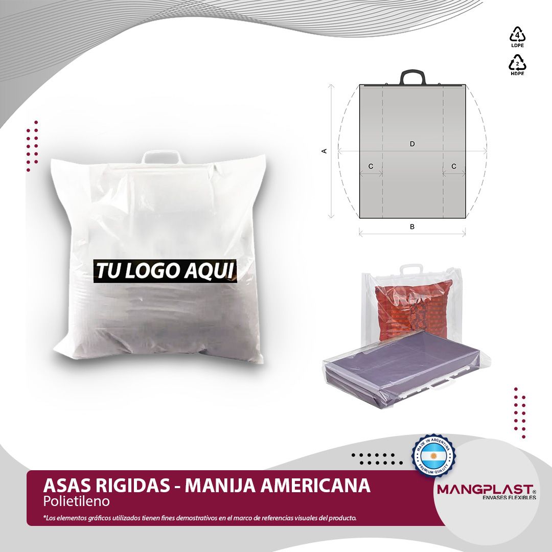 Bolsas de plástico blancas con asas rígidas. Se incluyen diagramas y ejemplos del contenido de las bolsas.