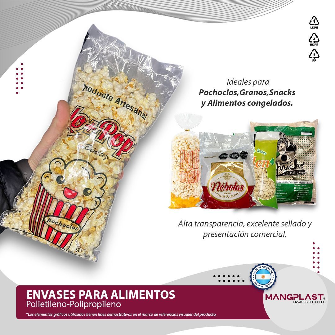 Una mano sosteniendo una bolsa de palomitas. Anuncio de envases de alimentos, con bolsas de muestra y texto.