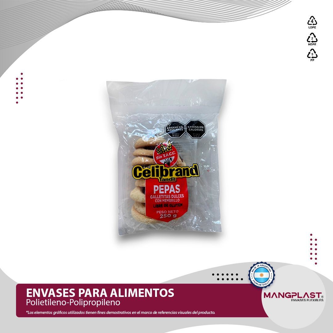 Bolsa de galletas “Celibrand Pepas” en envase transparente.