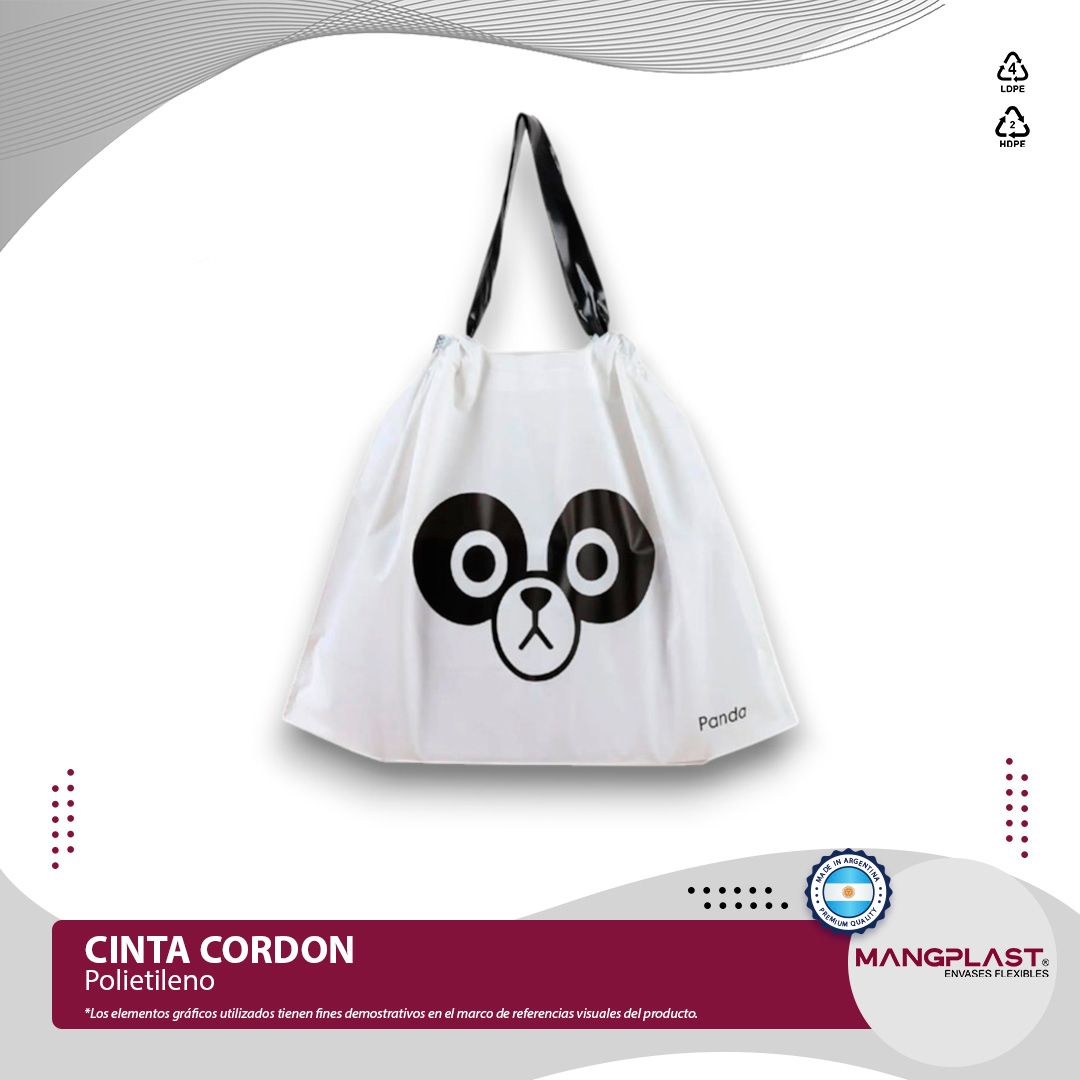 Bolsa de cordón blanca con diseño de cara de panda, asas negras, información del producto.