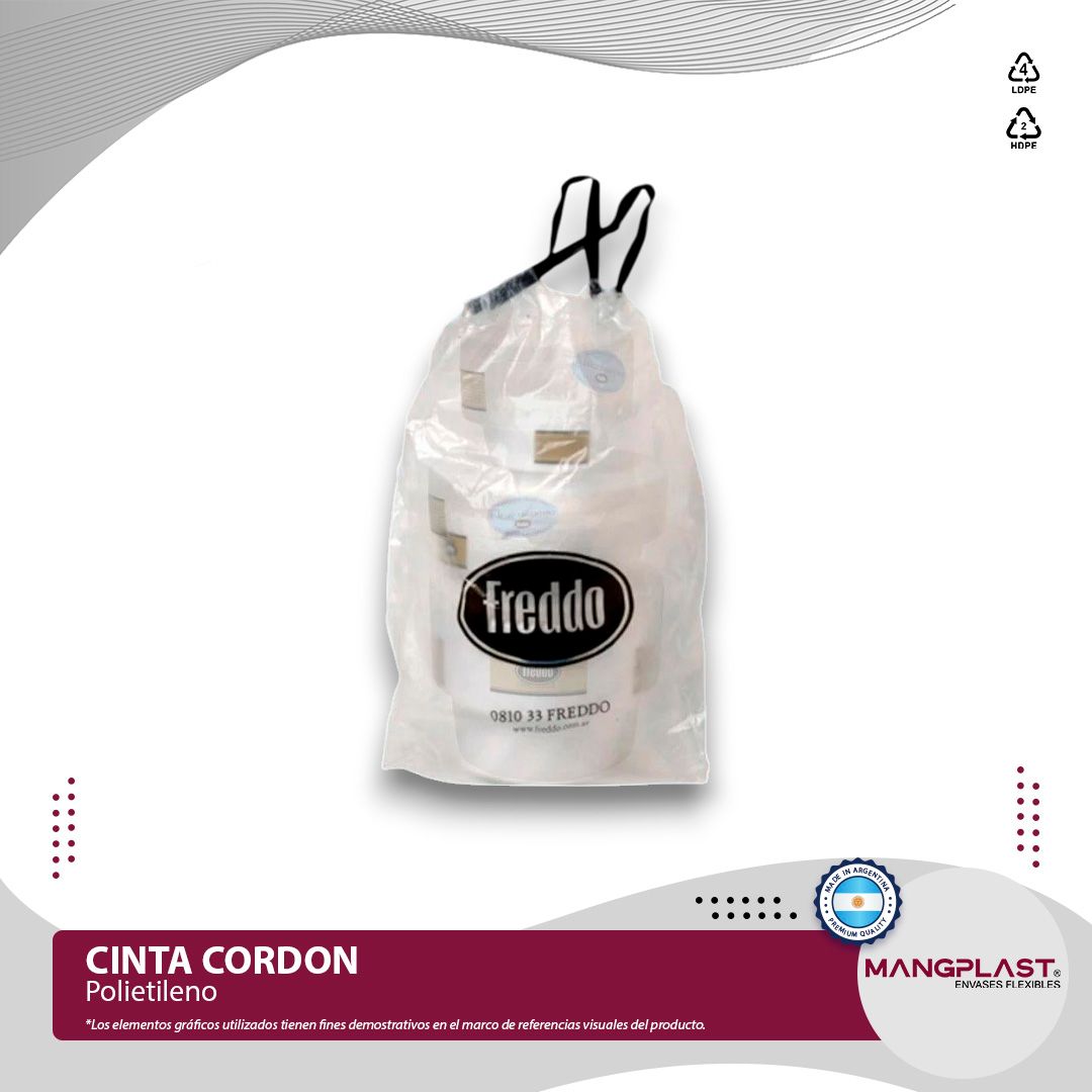 Bolsa de plástico transparente con envases de helado “freddo”, cierre con cordón.