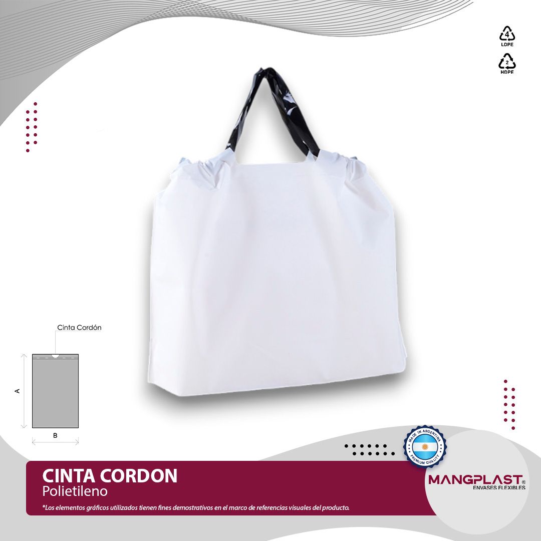 Bolso de mano blanco con asas negras, cierre de cordón y logotipo de la marca.