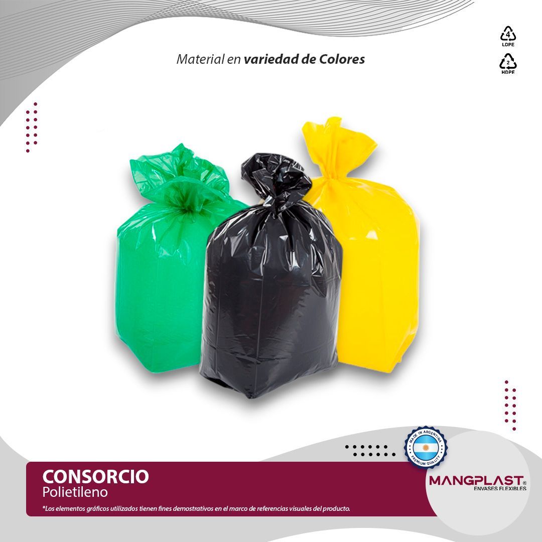 Tres bolsas de basura de colores: verde, negra y amarilla. Texto en la parte inferior: