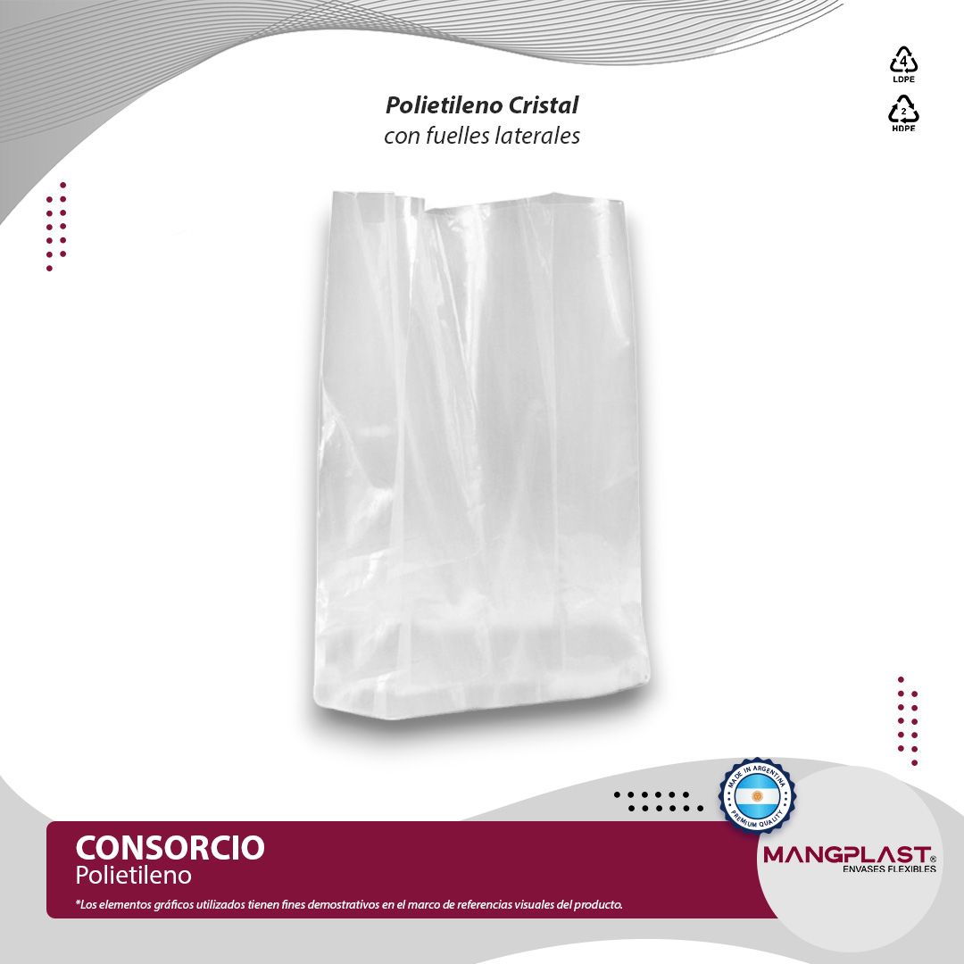 Bolsa de plástico transparente con fondo blanco y marca del producto.