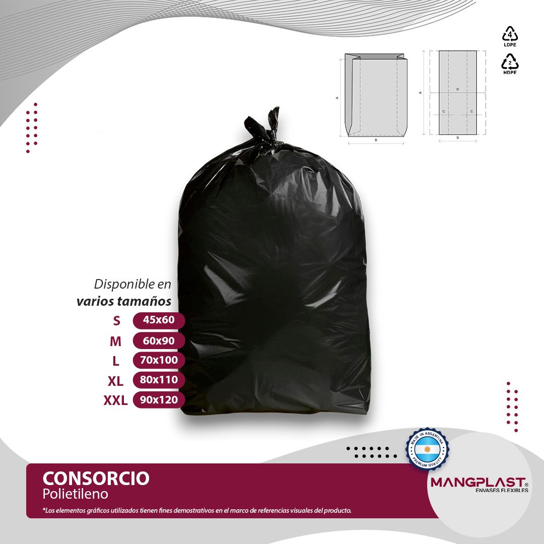 Bolsa de basura negra con opciones de tamaño: S (45x60), M (60x80), L (70x100), XL (80x110), XXL (90x120).