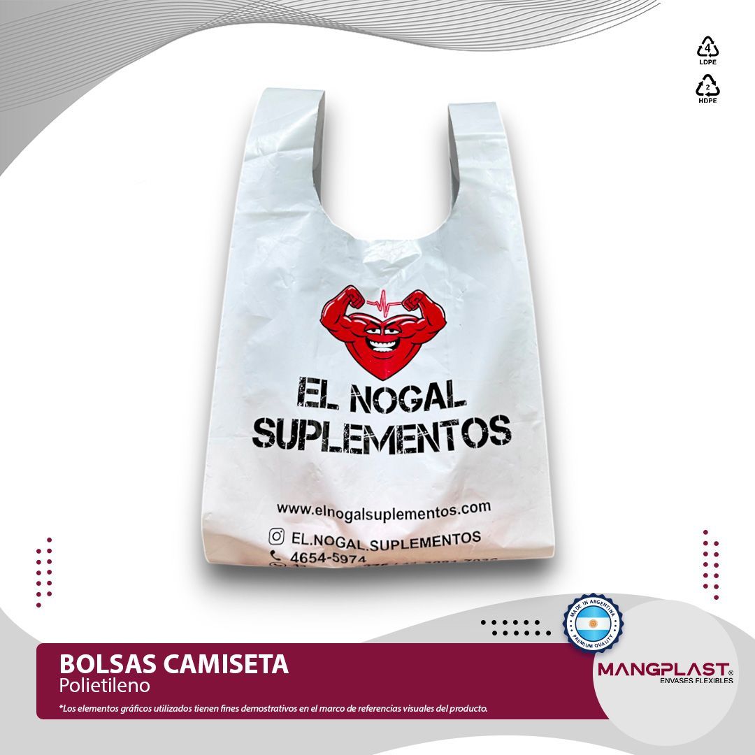 Bolsa de compras de plástico blanca con logo rojo de