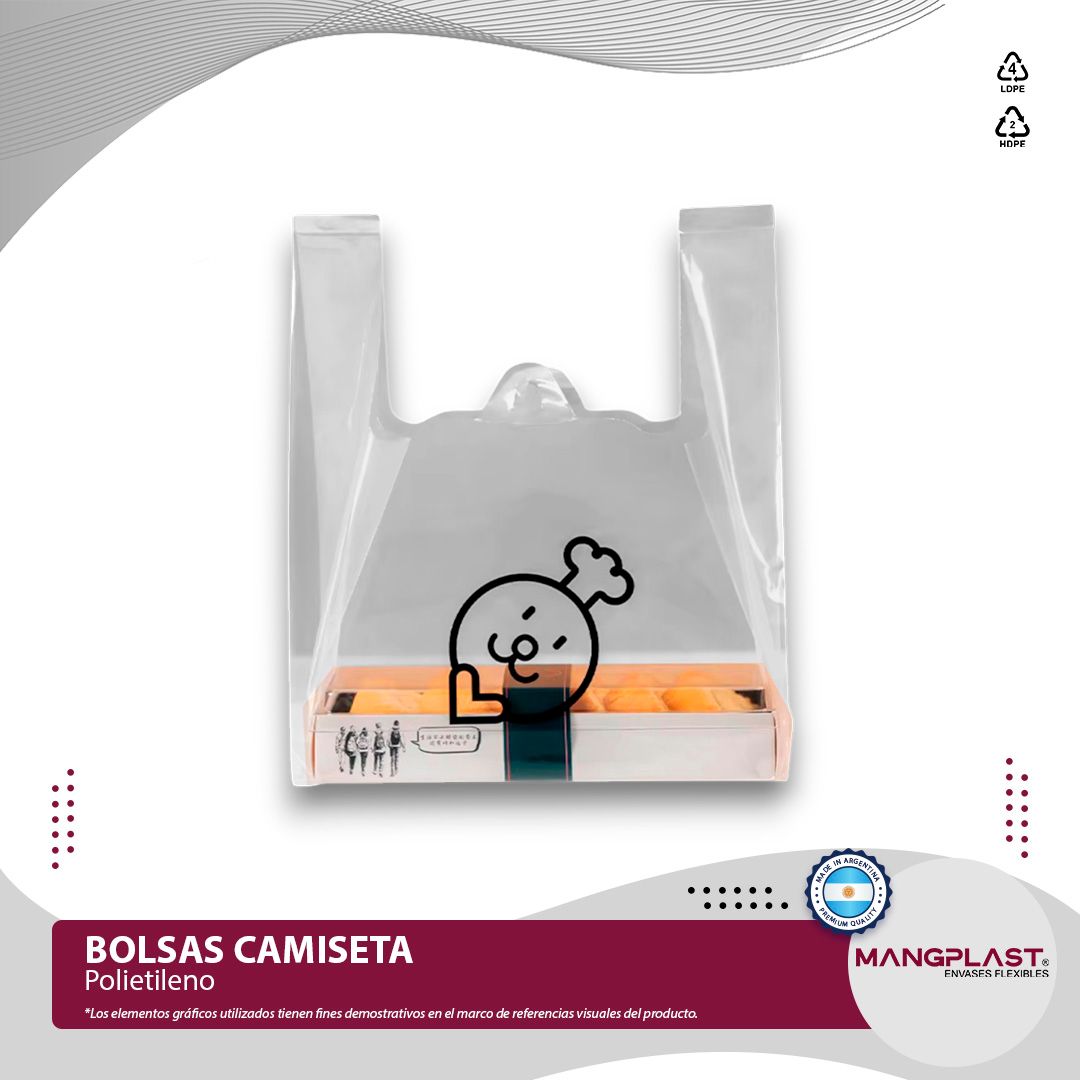 Bolsa de plástico transparente con comida en su interior. Texto en la bolsa: