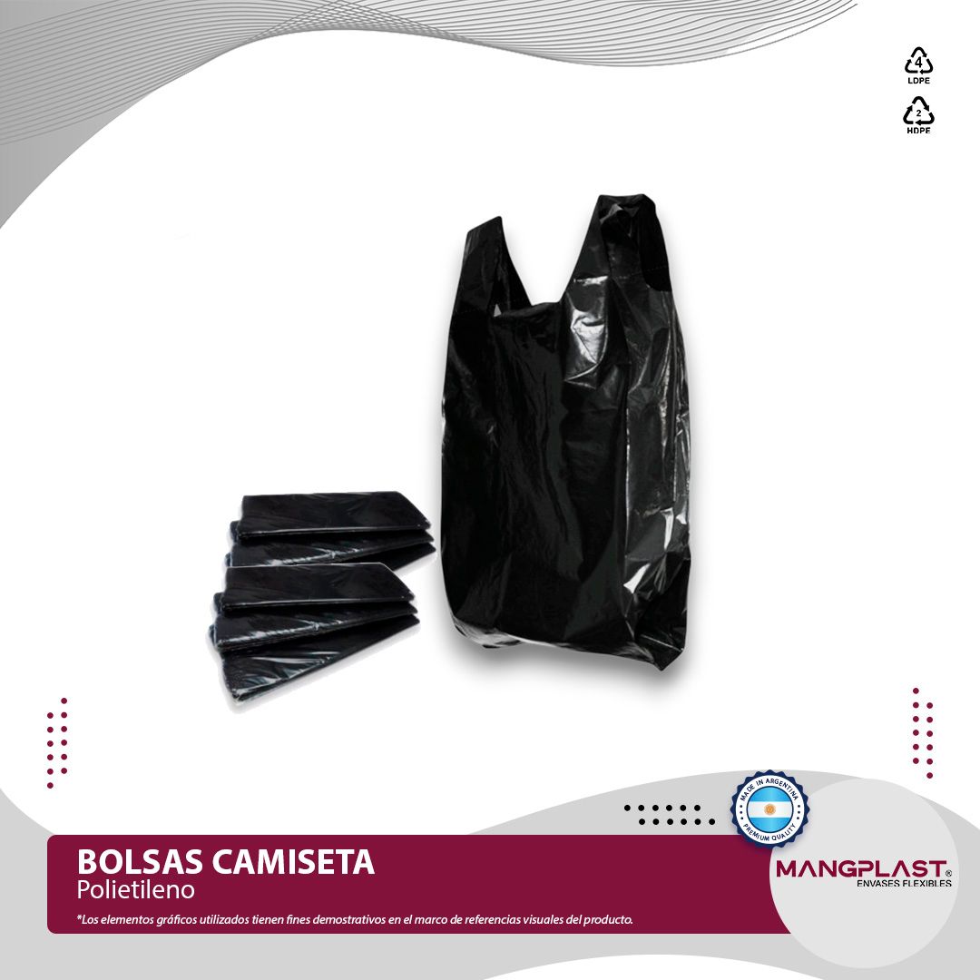 Bolsas de compra de plástico negras apiladas y abiertas, con el texto