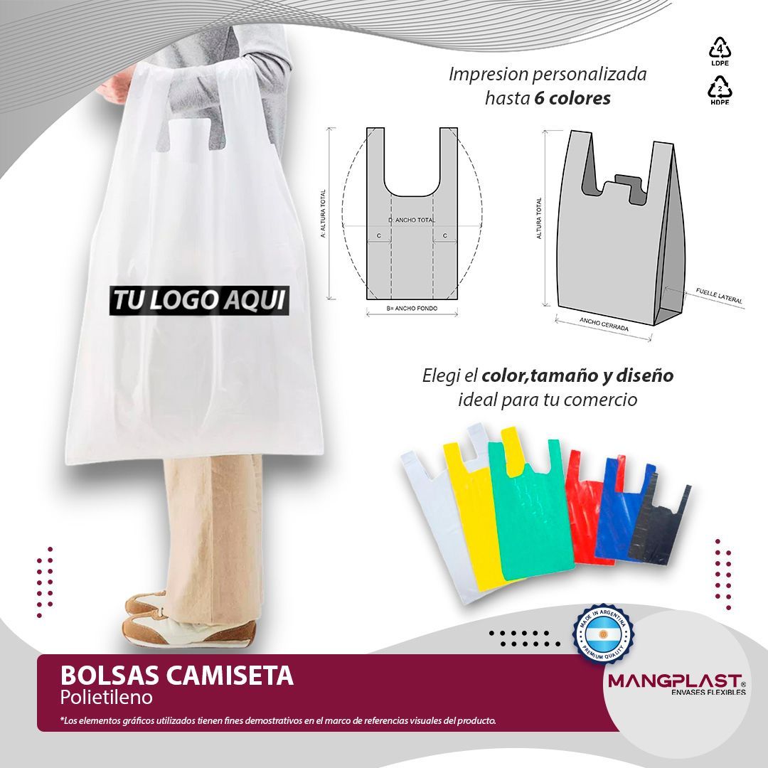 Bolsa de compras de plástico blanca con logotipo personalizable, opciones de diseño y muestras de color.