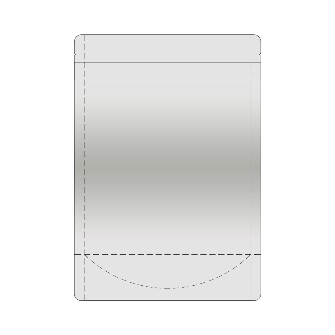 Tarjetero de plástico transparente con fondo redondeado y costura vertical.